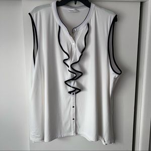 Black and white Calvin Klein shell blouse ruffled neck